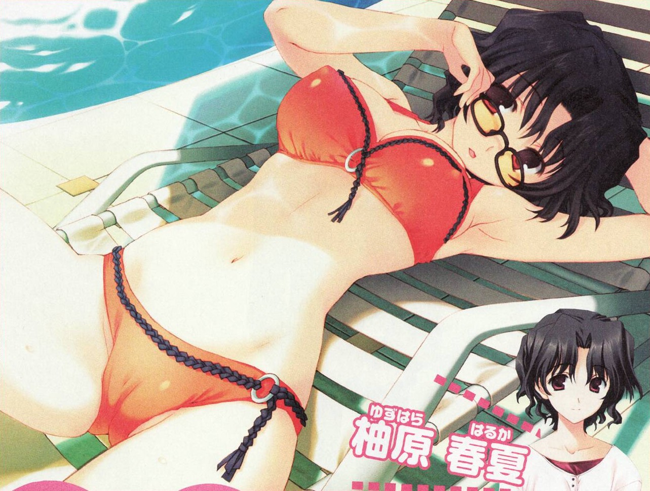 mitsumi misato, yuzuhara haruka, to heart (series), to heart 2, to heart 2 ad, scan, 00s, 1girl, adjusting eyewear, armpits, bikini, black hair, breasts, cameltoe, caustics, chair, character name, glasses, large breasts, looking at viewer, lounge chair, lying, mature female, messy hair, midriff, on back, parted lips, pool, red eyes, short hair, swimsuit