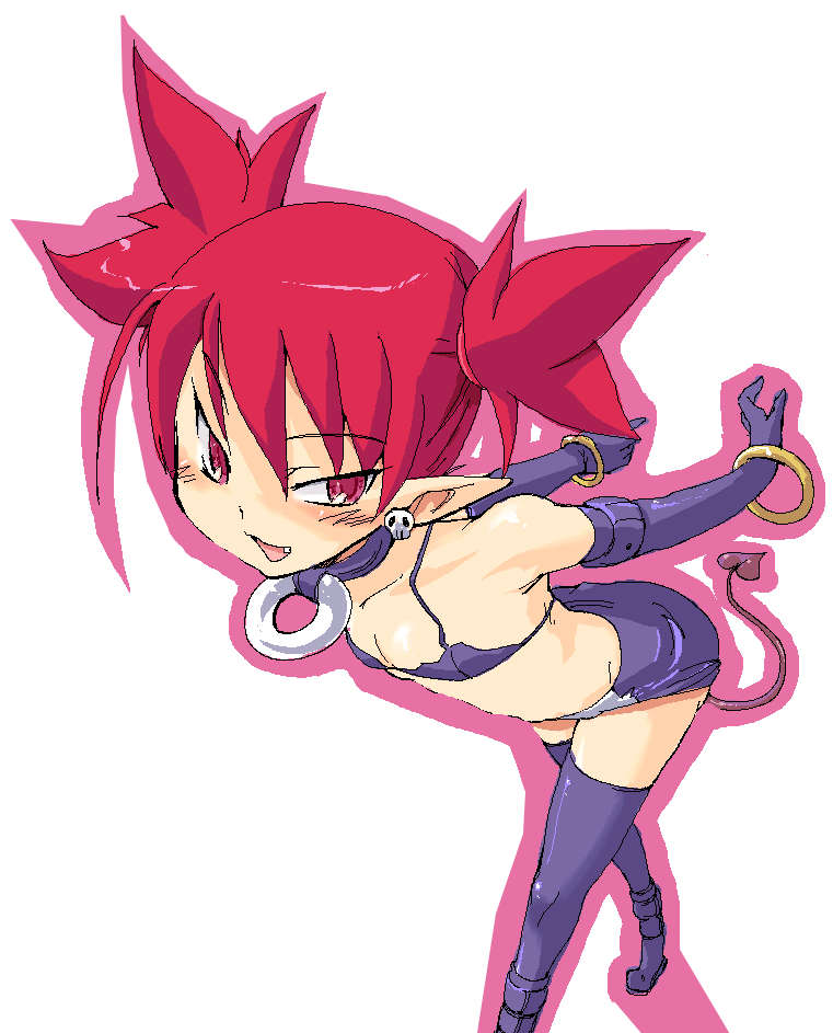 syokusyu, yuma ryouhei, etna (disgaea), disgaea, makai senki disgaea, nippon ichi, bad id, bad pixiv id, 00s, bent over, bikini, bikini top only, blush, bracelet, earrings, elbow gloves, fang, flat chest, gloves, jewelry, miniskirt, pink eyes, pointy ears, purple bikini, red hair, short twintails, skirt, skull, solo, swimsuit, tail, thighhighs, twintails