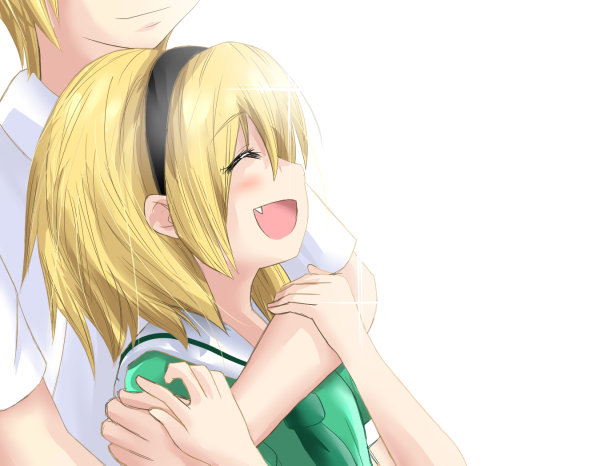 houjou satoko, houjou satoshi, higurashi no naku koro ni, 00s, blonde hair, blush, brother and sister, closed eyes, fang, hairband, hug, siblings