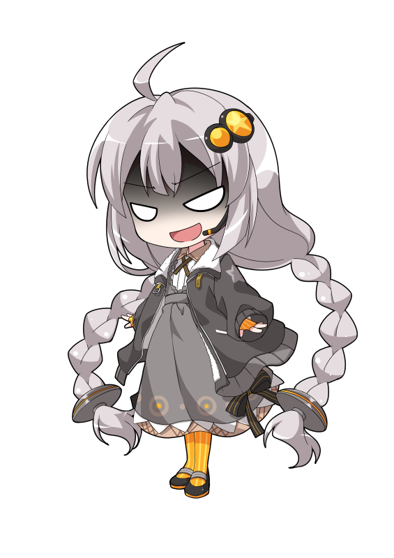 dairi, kizuna akari, voiceroid, commentary request, large variant set, variant set, 1girl, ahoge, arms at sides, black jacket, black shoes, braid, chibi, chibi only, collared dress, dress, fingerless gloves, flat chest, full body, gloves, grey dress, hair between eyes, hair ornament, high heels, jacket, long hair, long sleeves, mary janes, microphone, open clothes, open jacket, orange gloves, orange pantyhose, pantyhose, shoes, simple background, solo, standing, star (symbol), star print, striped clothes, striped gloves, striped pantyhose, tachi-e, transparent background, twin braids, vertical-striped clothes, vertical-striped gloves, vertical-striped pantyhose, very long hair, white hair