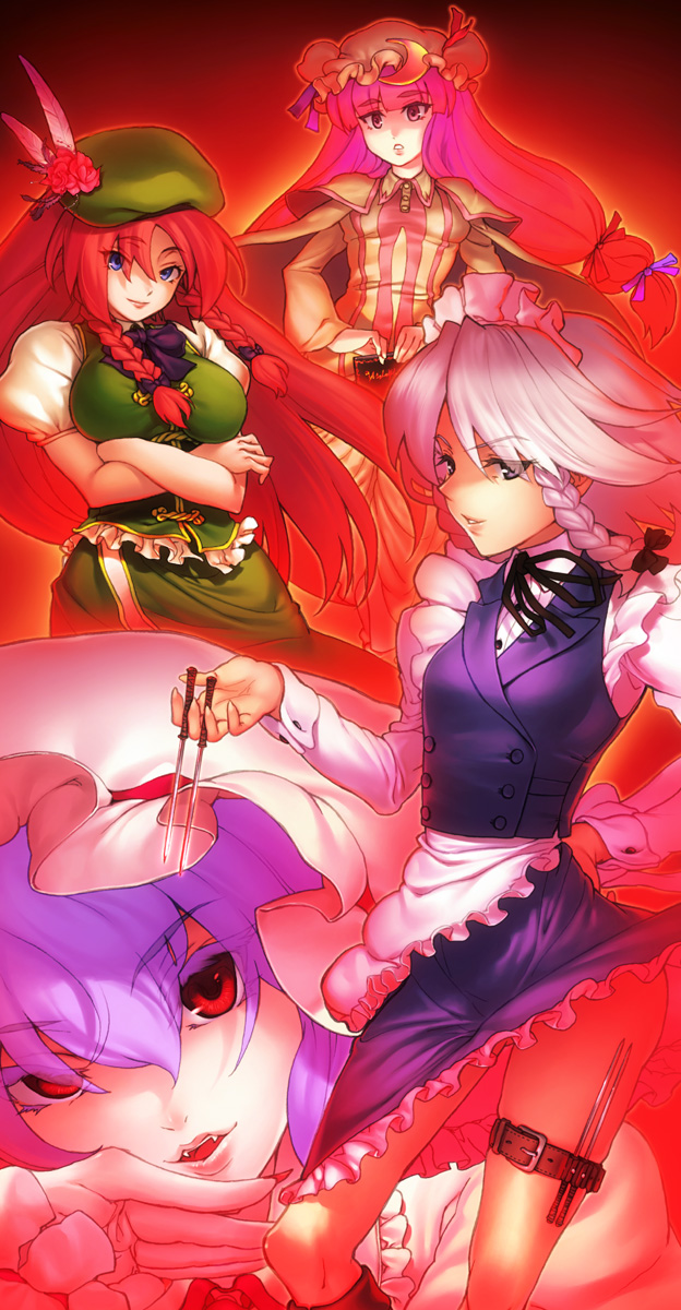 fuzuki yoshihiro, hong meiling, izayoi sakuya, patchouli knowledge, remilia scarlet, embodiment of scarlet devil, touhou, highres, 4girls, between fingers, blue hair, book, china dress, chinese clothes, dress, female focus, hat, holding, knife, long hair, maid, multiple girls, purple hair, red hair, ribbon, short hair, throwing knife, weapon