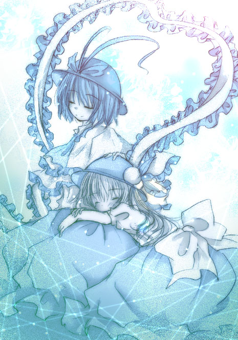 kasuga sunao, hinanawi tenshi, nagae iku, touhou, bad id, bad pixiv id, 2girls, blue theme, female focus, food, fruit, hat, long hair, monochrome, multiple girls, peach, ribbon, short hair, sleeping