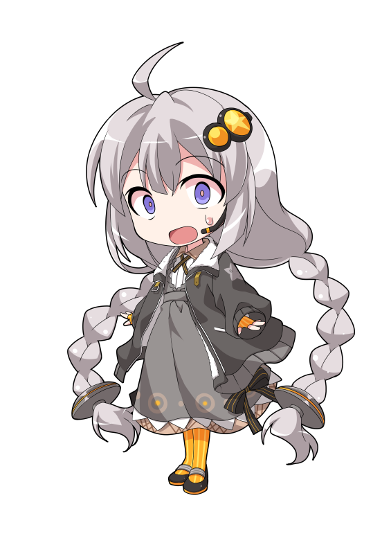 dairi, kizuna akari, voiceroid, commentary request, large variant set, variant set, 1girl, ahoge, arms at sides, black jacket, black shoes, braid, chibi, chibi only, collared dress, dress, fingerless gloves, flat chest, full body, gloves, grey dress, hair between eyes, hair ornament, high heels, jacket, long hair, long sleeves, mary janes, microphone, open clothes, open jacket, orange gloves, orange pantyhose, pantyhose, shoes, simple background, solo, standing, star (symbol), star print, striped clothes, striped gloves, striped pantyhose, tachi-e, transparent background, twin braids, vertical-striped clothes, vertical-striped gloves, vertical-striped pantyhose, very long hair, white hair