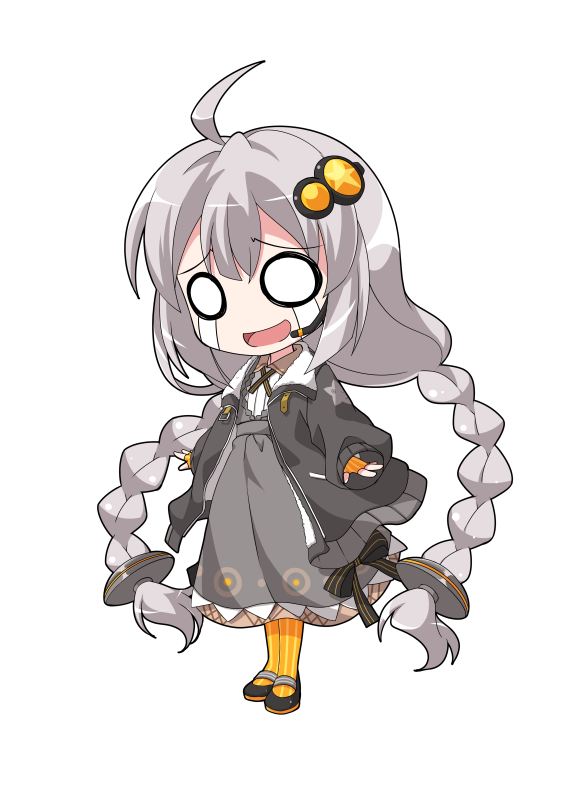 dairi, kizuna akari, voiceroid, commentary request, large variant set, variant set, 1girl, ahoge, arms at sides, black jacket, black shoes, braid, chibi, chibi only, collared dress, dress, fingerless gloves, flat chest, full body, gloves, grey dress, hair between eyes, hair ornament, high heels, jacket, long hair, long sleeves, mary janes, microphone, open clothes, open jacket, orange gloves, orange pantyhose, pantyhose, shoes, simple background, solo, standing, star (symbol), star print, striped clothes, striped gloves, striped pantyhose, tachi-e, transparent background, twin braids, vertical-striped clothes, vertical-striped gloves, vertical-striped pantyhose, very long hair, white hair