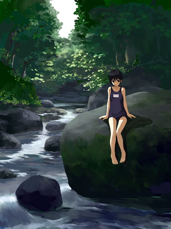 natori (natorism), original, 1girl, barefoot, female focus, name tag, one-piece swimsuit, school swimsuit, solo, swimsuit