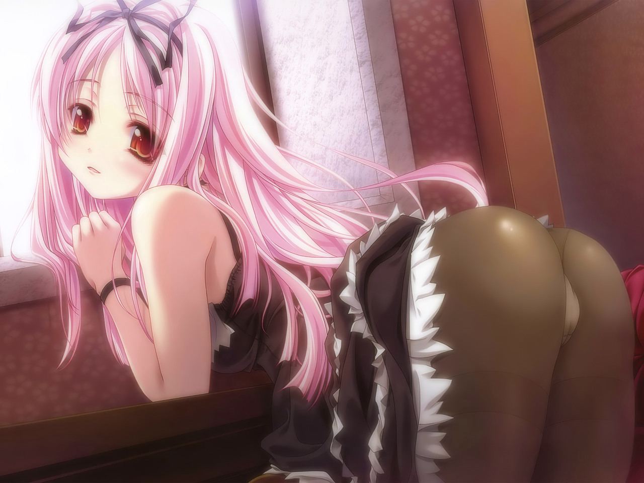 miyama-zero, himemiya ruri, garden (game), 1girl, ass, female focus, gothic lolita, hair ribbon, lolita fashion, long hair, panties, panties under pantyhose, pantyhose, pantyshot, pink hair, red eyes, ribbon, skirt, solo, underwear, upskirt, white panties