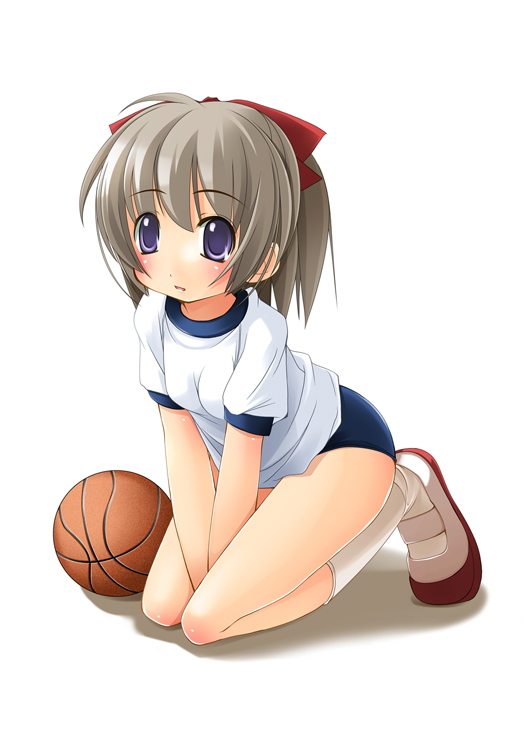 shibacha, original, 1girl, ball, basketball (object), between legs, blue eyes, blush, bow, buruma, female focus, full body, gym uniform, hair bow, hand between legs, kneeling, looking afar, ponytail, red bow, shoes, short hair, simple background, sneakers, solo, sportswear, white background