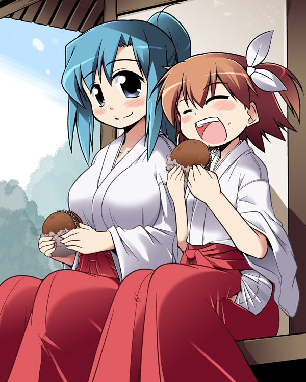 serebi ryousangata, sforce, original, 2girls, blue hair, blush, breasts, brown hair, burger, closed eyes, day, eating, food, hakama, hakama skirt, japanese clothes, kimono, large breasts, miko, multiple girls, open mouth, red hakama, sitting, skirt, sky, smile, tree, veranda
