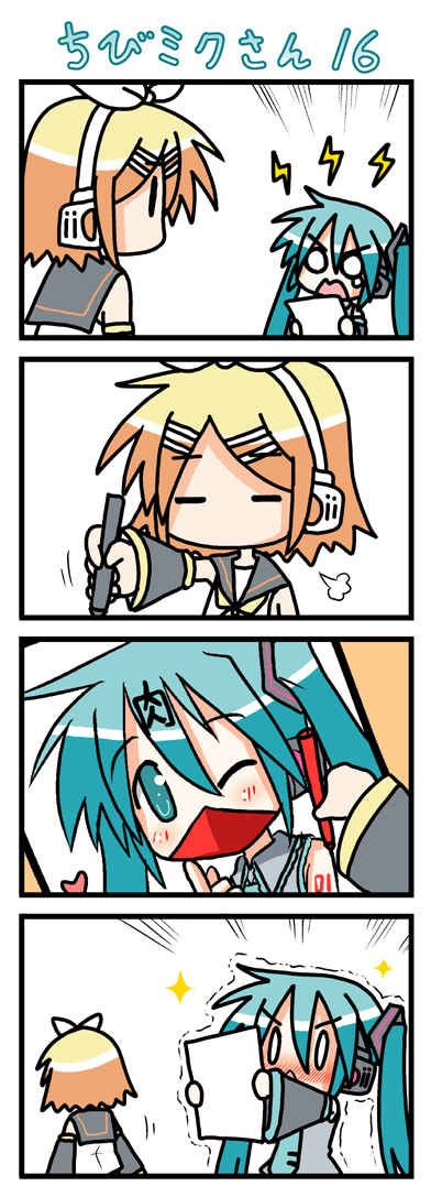 minami (colorful palette), chibi miku, hatsune miku, kagamine rin, vocaloid, long image, tall image, 0 0, 4koma, = =, angry, blush, chibi, comic, heart, marker, o o, silent comic, tears