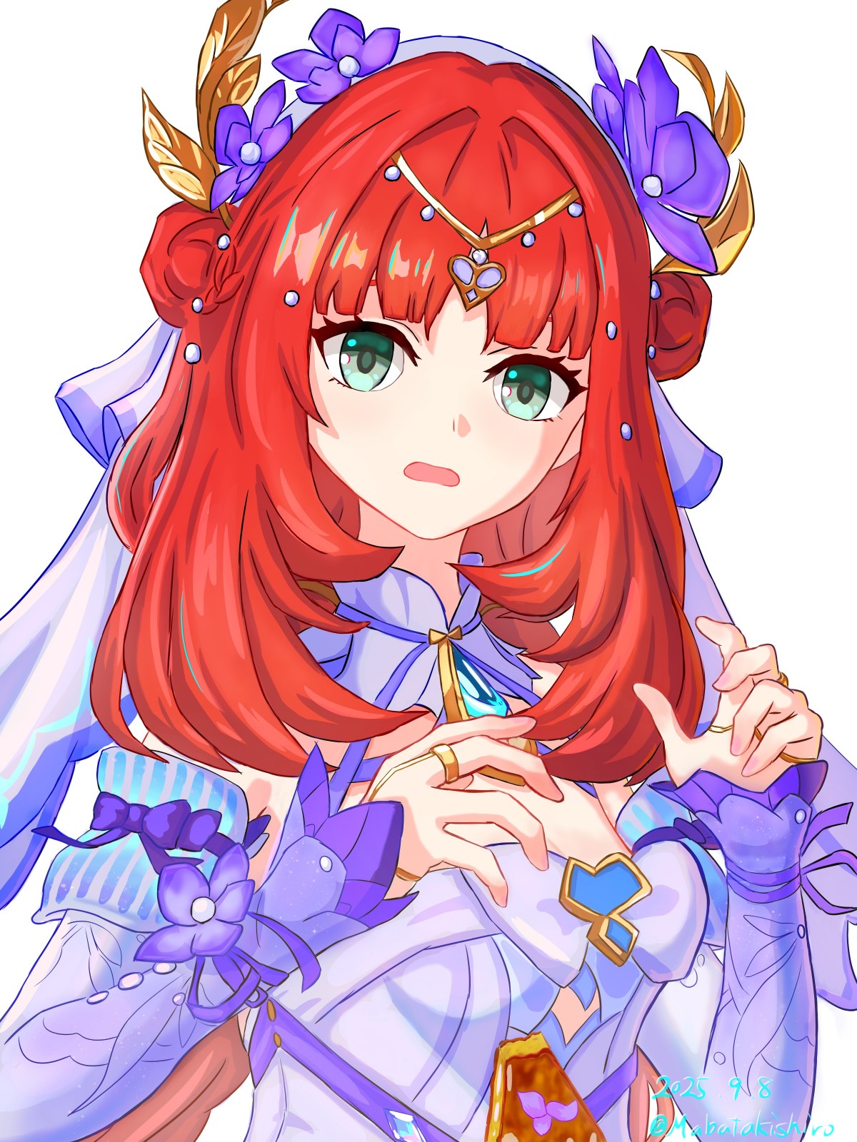 nilou (breeze of sabaa) (genshin impact), nilou (genshin impact), genshin impact, commentary, highres, 1girl, aqua eyes, brooch, double bun, dress, flower, hair bun, hair flower, hair ornament, head chain, jewelry, kani (mabatakishiro), long hair, long sleeves, looking at viewer, official alternate costume, open mouth, purple dress, purple flower, red hair, simple background, solo, upper body, white background