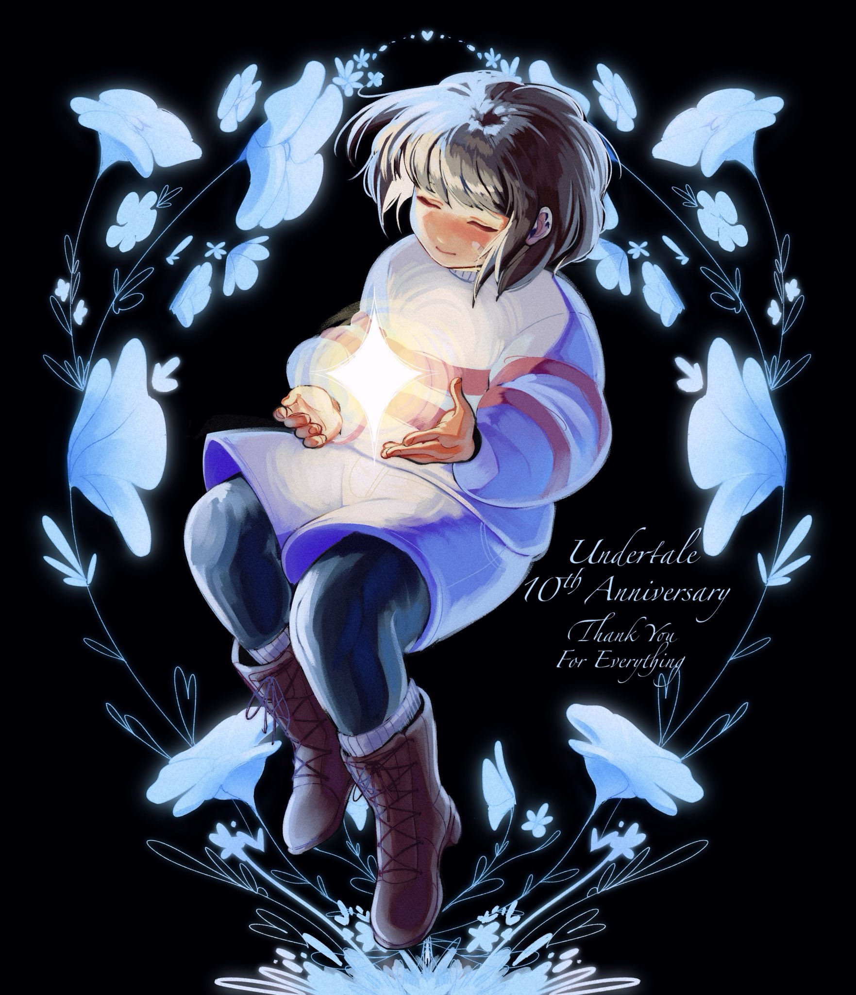 im vess, frisk (undertale), undertale, utdr (toby fox), commentary, english commentary, highres, 1other, anniversary, black pantyhose, blue flower, blue shorts, blue sweater, boots, brown boots, brown hair, closed eyes, closed mouth, copyright name, double horizontal stripe, english text, flower, light smile, other focus, pantyhose, pantyhose under shorts, short hair, shorts, solo, striped clothes, striped sweater, sweater, thank you