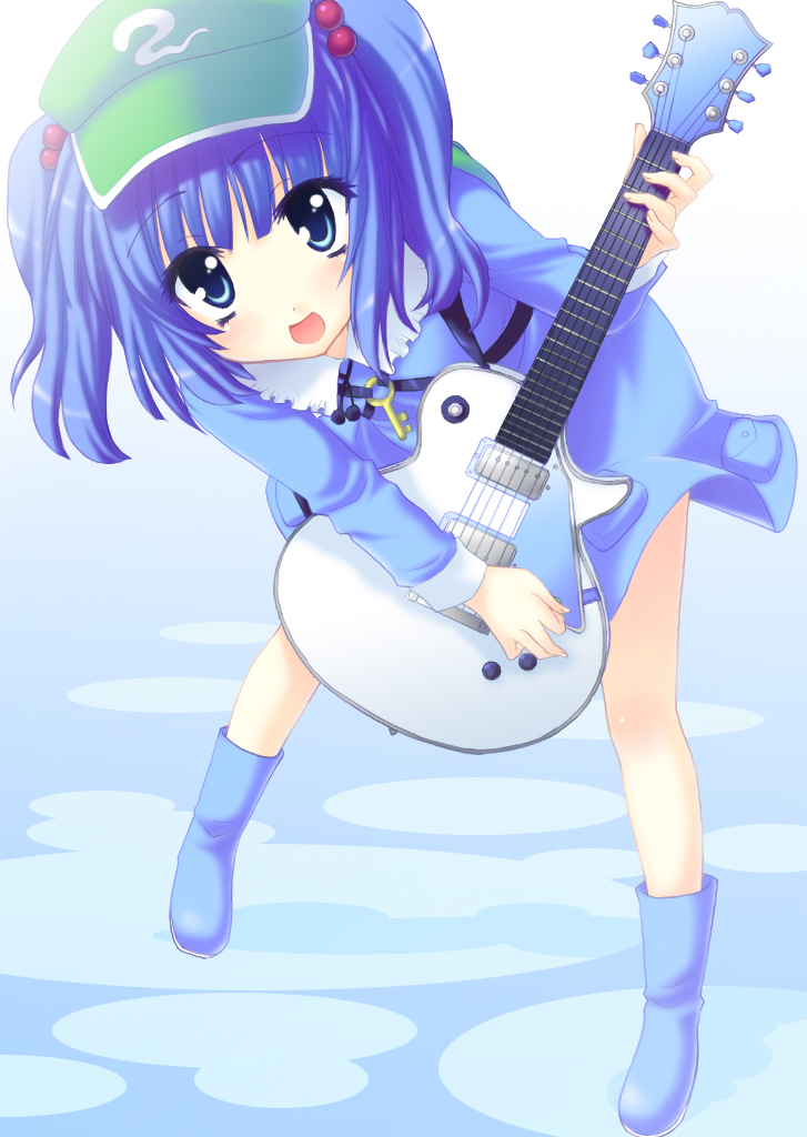 saki chisuzu, kawashiro nitori, touhou, 1girl, blue eyes, blue hair, electric guitar, female focus, guitar, hair bobbles, hair ornament, hat, instrument, key, looking at viewer, matching hair/eyes, music, open mouth, playing instrument, short hair, solo, twintails, two side up