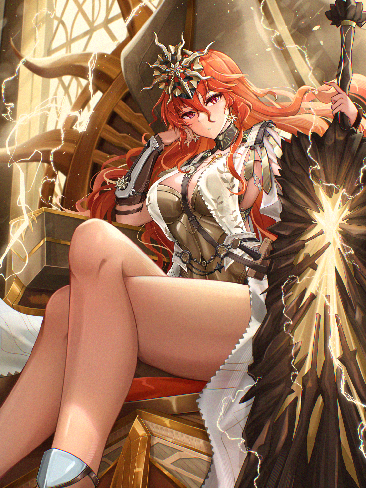yuheng-art, augusta (wuthering waves), wuthering waves, commentary, highres, 1girl, ancient greek clothes, arm armor, armor, bare legs, black collar, breastplate, breasts, closed mouth, collar, crossed legs, dress, earrings, electricity, feet out of frame, greatsword, greco-roman clothes, hair between eyes, head rest, headgear, holding, holding sword, holding weapon, jewelry, large breasts, legs, long hair, looking at viewer, orange hair, red eyes, sitting, sitting on throne, solo, sun earrings, sword, thighs, very long hair, weapon, white dress