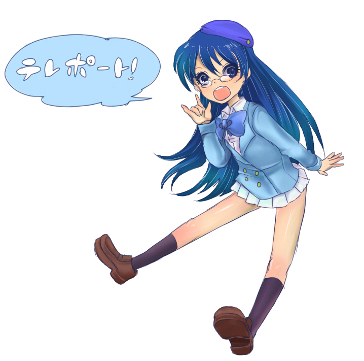 masaki (celesta), nogami aoi, zettai karen children, 00s, 1girl, blazer, blue eyes, blue hair, bow, female focus, full body, glasses, hat, jacket, kneehighs, loafers, matching hair/eyes, shoes, simple background, skirt, socks, solo, white background