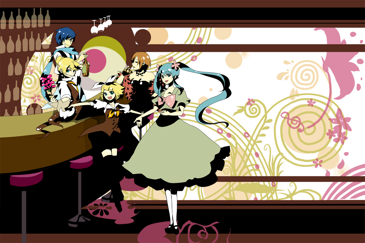 hashimochi, hatsune miku, kagamine len, kagamine rin, kaito (vocaloid), meiko (vocaloid), vocaloid, white legwear, 2boys, 3girls, bar (place), bartender, beads, bird, blonde hair, blue eyes, blue hair, blue scarf, bottle, bow, dress, flower, full body, hair ribbon, long hair, looking at viewer, mary janes, multiple boys, multiple girls, outstretched arms, pigeon, puffy sleeves, red hair, ribbon, scarf, shawl, shirt, shoes, short hair, short sleeves, siblings, sitting, smile, spread arms, standing, strapless, strapless dress, thighhighs, twins, very long hair, vest, zettai ryouiki