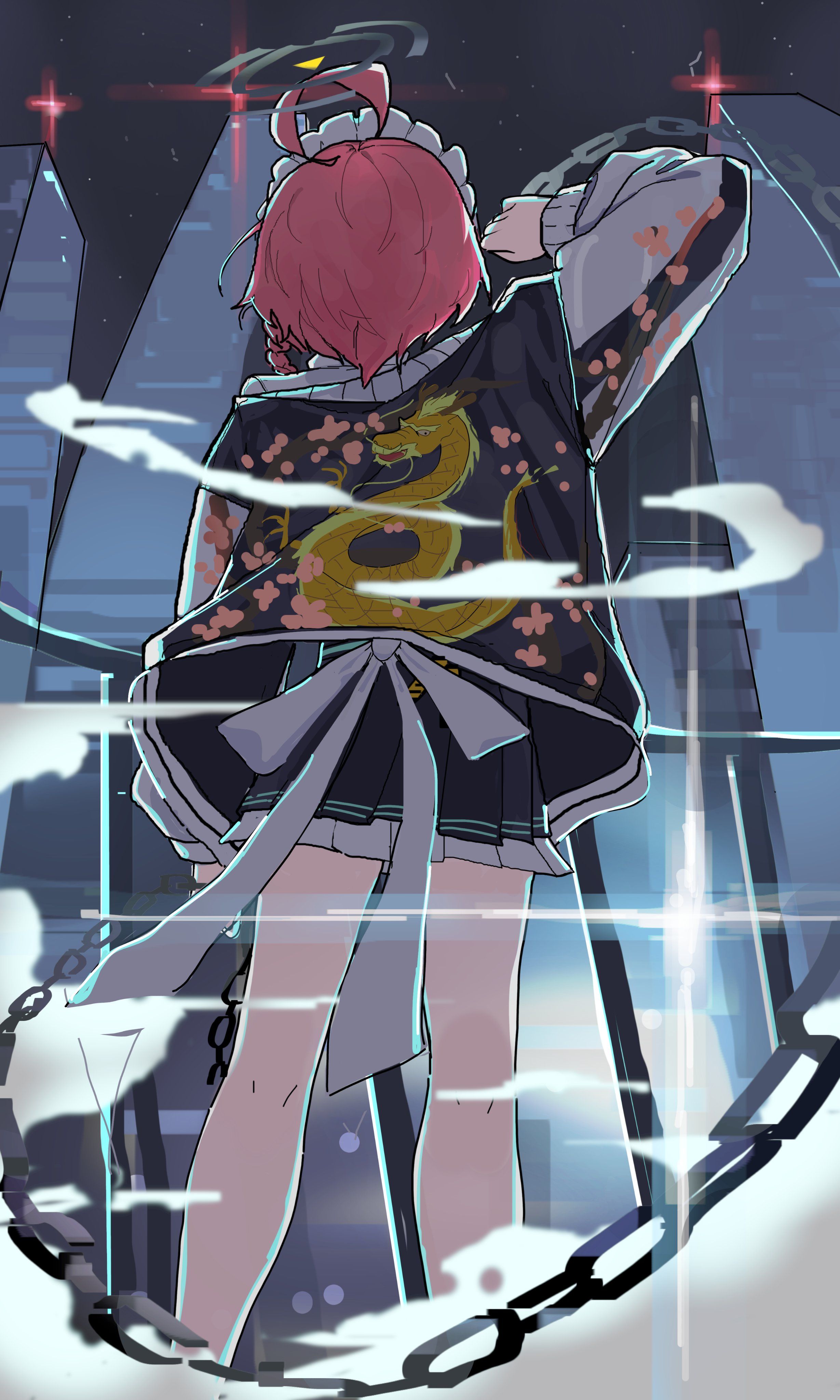 ka keo, neru (blue archive), blue archive, absurdres, highres, 1girl, ahoge, arm at side, back bow, black halo, black jacket, black skirt, bow, braid, chain, cherry blossom print, dragon print, feet out of frame, fighting stance, floral print, frilled skirt, frills, from behind, halo, hand up, holding, holding chain, huge ahoge, jacket, kneepits, maid, maid headdress, miniskirt, night, open clothes, open jacket, orange hair, outdoors, pleated skirt, print jacket, short hair, single braid, skirt, smoke, solo, standing, sukajan, white bow, white sleeves