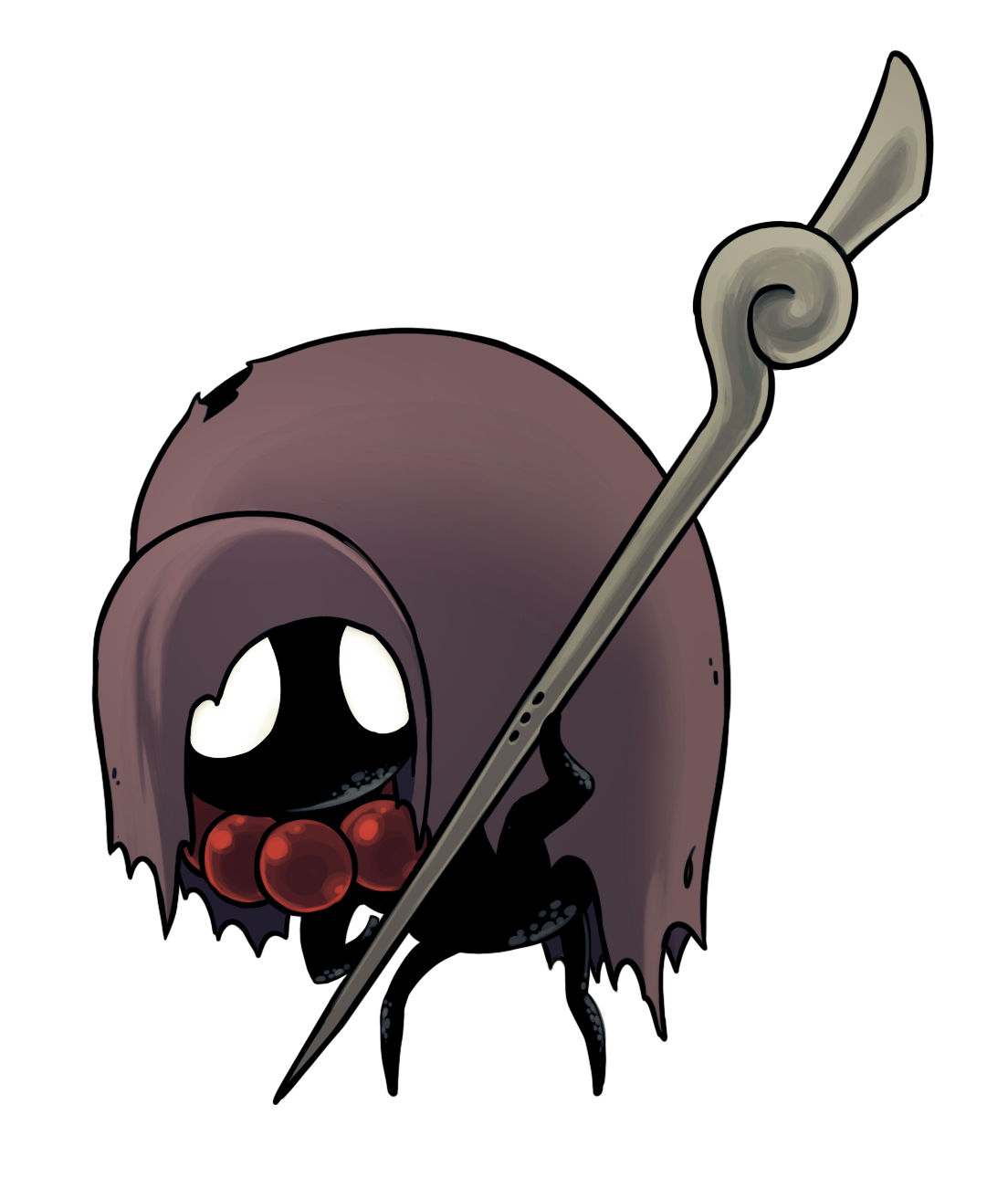 hollow knight, hollow knight: silksong, highres, official art, ari gibson, beads, black skin, blank eyes, brown cloak, bug, chapel maid (hollow knight), cloak, colored skin, full body, holding, holding instrument, hood, hood up, hunched over, instrument, prayer beads, shaman, snail, torn cloak, torn clothes, transparent background