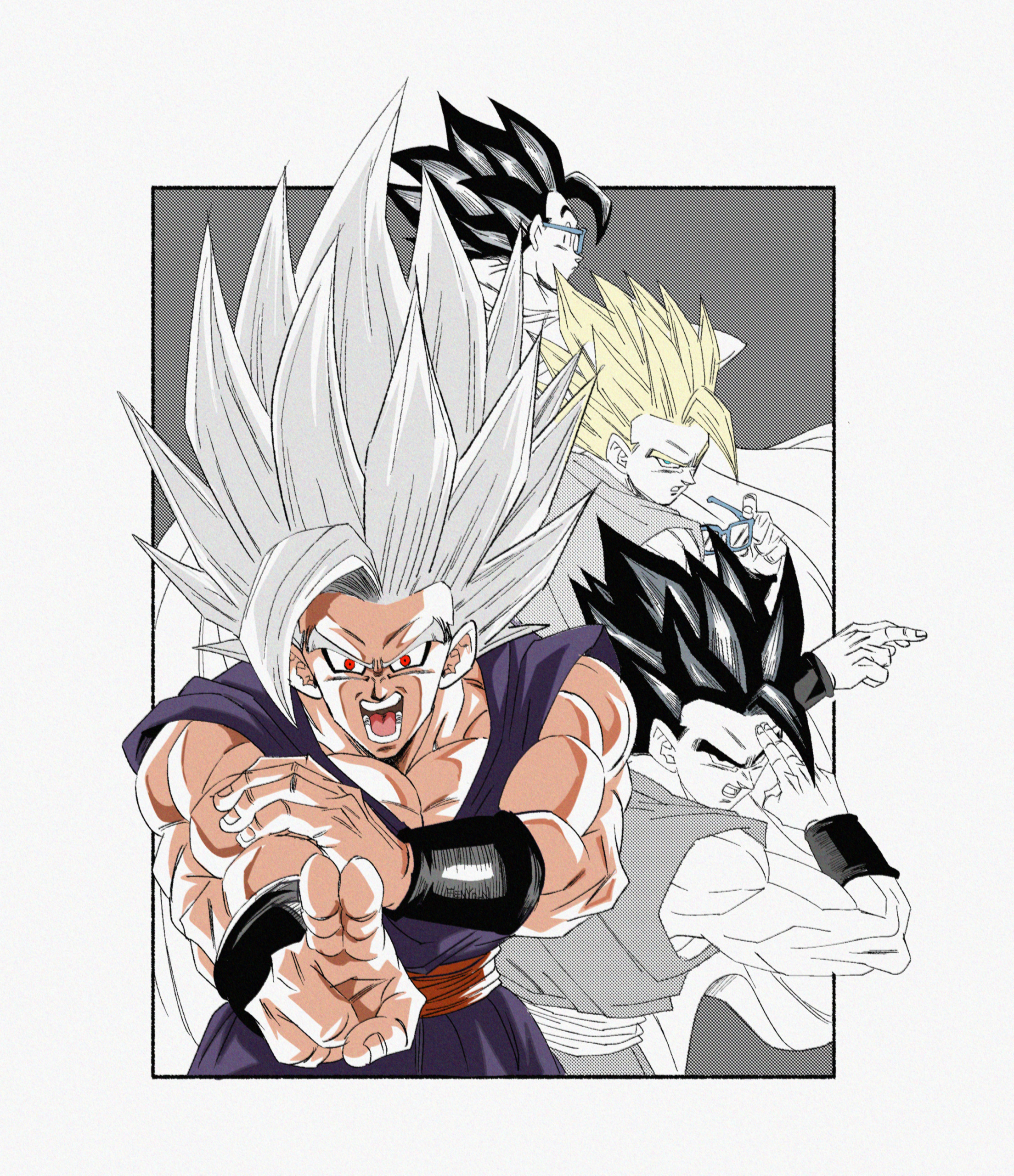 fenyon, gohan beast, son gohan, dragon ball, dragon ball super, dragon ball super super hero, absurdres, highres, 1boy, black eyes, black hair, blonde hair, cowboy shot, dougi, glasses, green eyes, grey hair, halftone, long hair, makankousappou, male focus, muscular, muscular male, pants, partially colored, potential unleashed, progression, purple pants, purple shirt, red eyes, red sash, sash, shirt, short hair, spiked hair, super saiyan