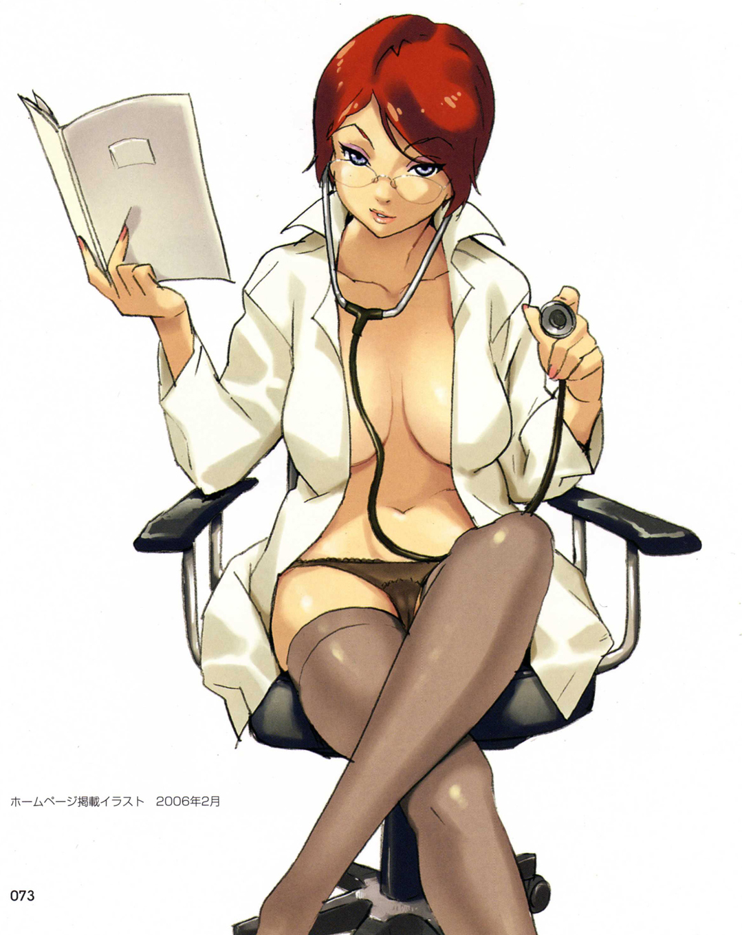 happoubi jin, highres, scan, 1girl, blue eyes, breasts, breasts apart, cameltoe, chair, crossed legs, doctor, female focus, glasses, lab coat, makeup, nail polish, no bra, open clothes, open shirt, panties, red hair, shirt, short hair, sitting, solo, stethoscope, thighhighs, underwear