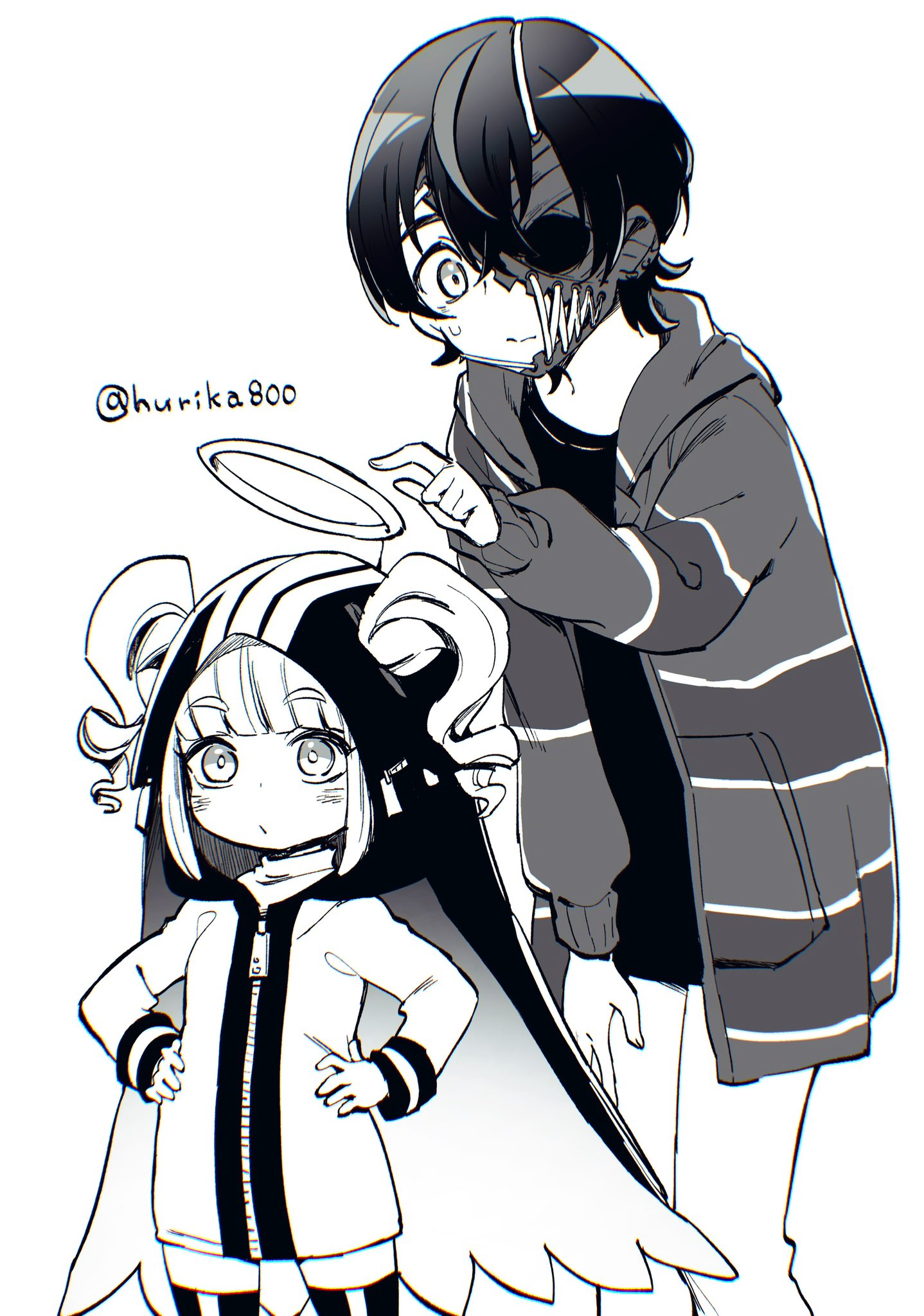 commentary, hashtag-only commentary, highres, 2girls, cape, greyscale, hair between eyes, half mask, halo, hands on own hips, high side ponytail, himeru (shuten order), hood, hooded cape, hooded jacket, hurika800, jacket, leaning forward, long sleeves, mask, monochrome, multiple girls, open clothes, open jacket, outstretched arm, rei shimobe, reverse trap, shirt, short hair, shuten order, side ponytail, simple background, sweatdrop, thighhighs, twintails, twitter username