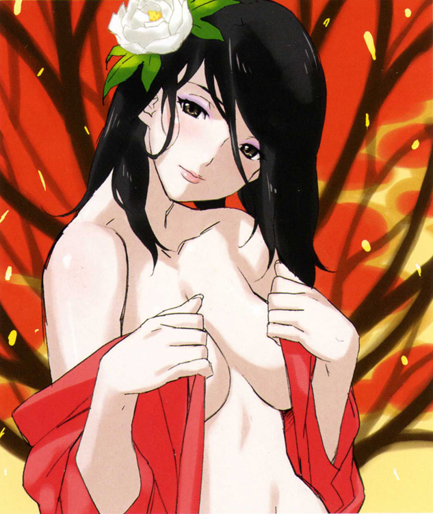 happoubi jin, 1girl, bare shoulders, black hair, breasts, eyeshadow, female focus, flower, hair flower, hair ornament, large breasts, long hair, makeup, midriff, solo