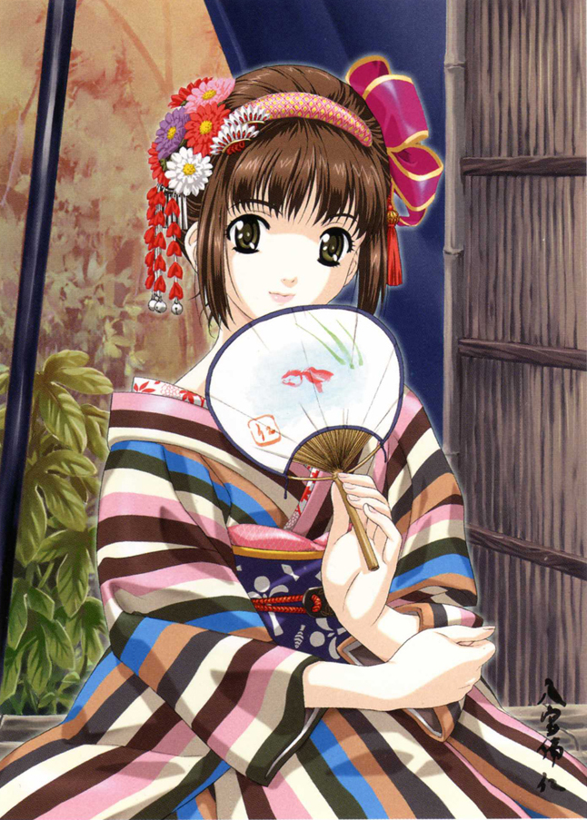 happoubi jin, brown eyes, brown hair, hair ornament, hair up, hand fan, japanese clothes, kimono, paper fan, solo, uchiwa