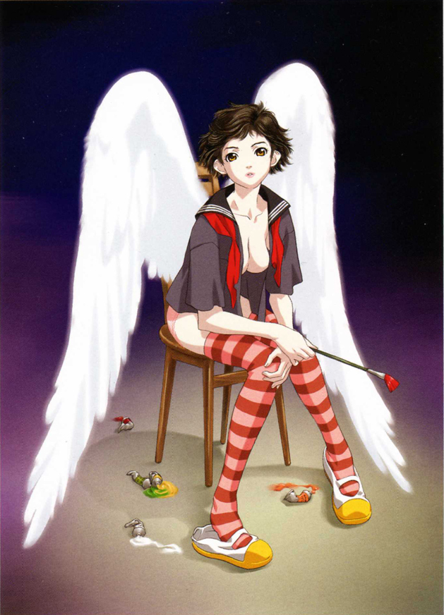 happoubi jin, 1girl, art brush, brown hair, chair, female focus, full body, knees together feet apart, paint, paintbrush, red thighhighs, shoes, short hair, sitting, solo, striped clothes, striped thighhighs, thighhighs, uwabaki, wings