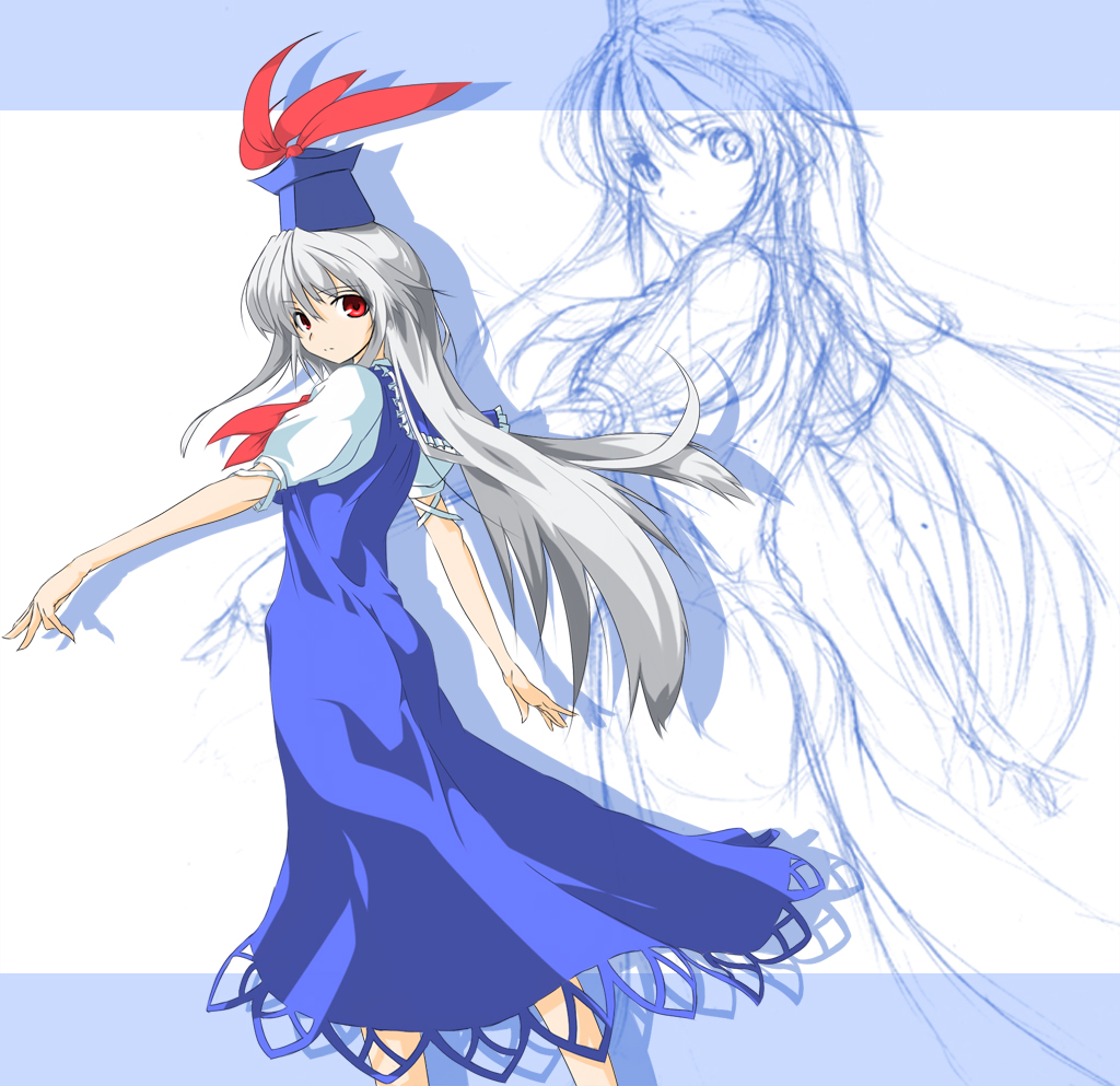 shoushinmono, tanaka ginji, kamishirasawa keine, touhou, 1girl, female focus, from behind, hat, long hair, looking back, ribbon, sketch, solo, white hair