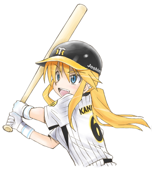 eunos, kageyama torako, hanshin tigers, hyakko, nippon professional baseball, 00s, 1girl, baseball bat, baseball uniform, blonde hair, blue eyes, clothes writing, fang, female focus, gloves, helmet, solo, sportswear