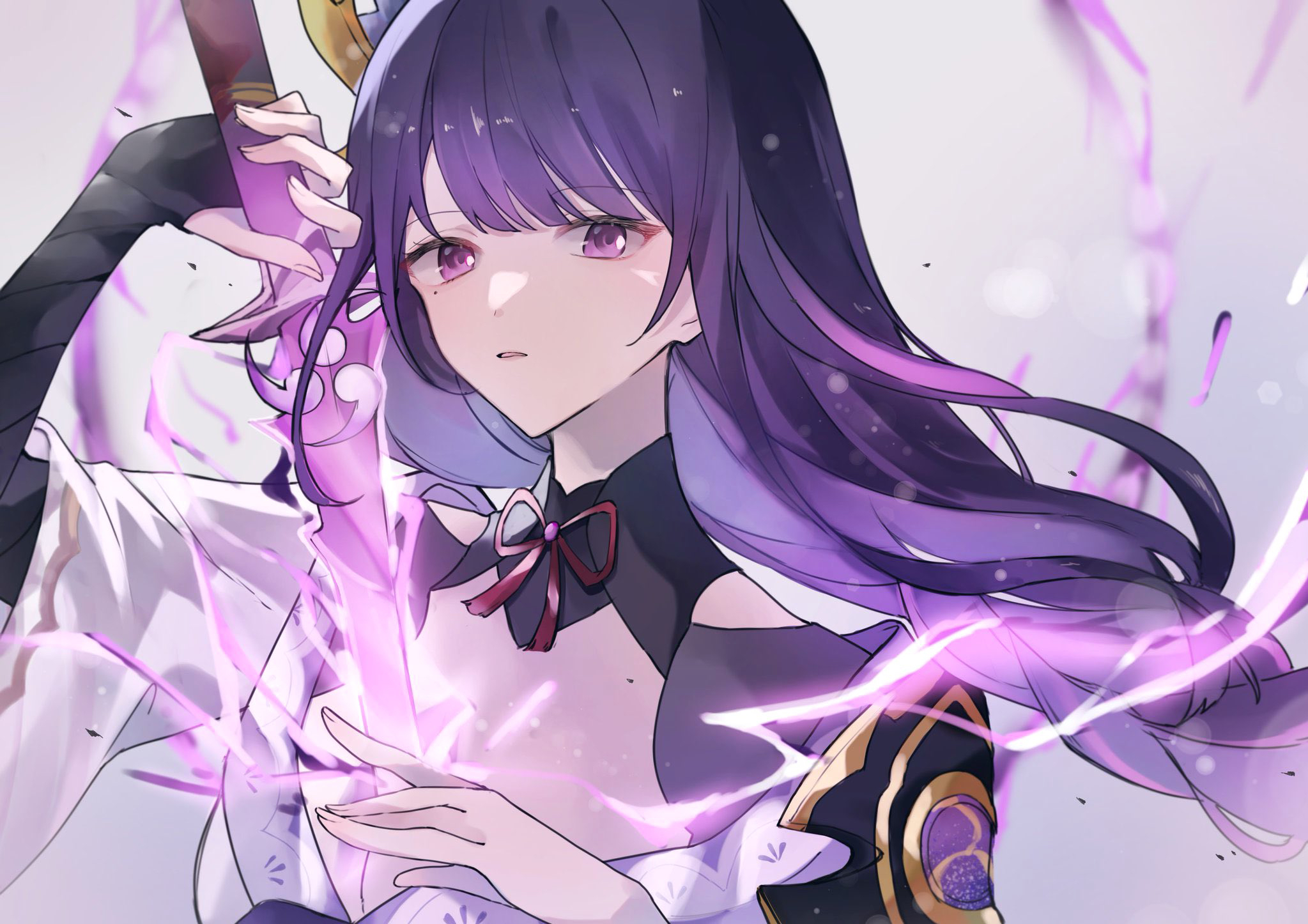 sino 22, raiden shogun, genshin impact, commentary request, highres, 1girl, armor, asymmetrical sleeves, blunt bangs, braid, bridal gauntlets, clothing cutout, electricity, glowing, glowing hair, glowing sword, glowing weapon, hair ornament, holding, holding sword, holding weapon, japanese armor, japanese clothes, katana, kimono, long braid, long hair, looking at viewer, mitsudomoe (shape), mole, mole under eye, multicolored hair, neck ribbon, open mouth, purple eyes, purple hair, purple kimono, red ribbon, ribbon, shade, shoulder armor, single braid, solo, standing, streaked hair, sword, tomoe (symbol), uneven sleeves, upper body, weapon