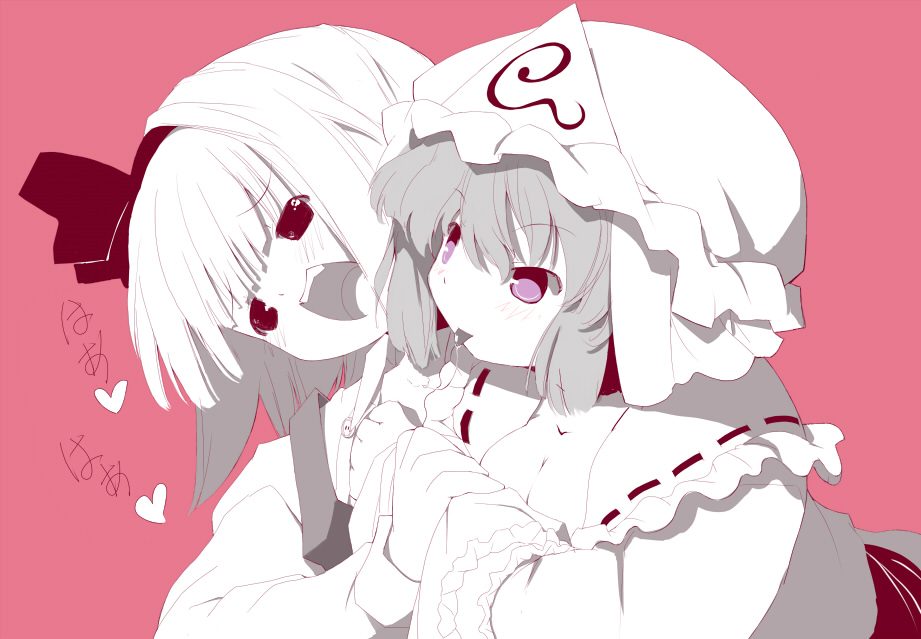 hirasawa akito, konpaku youmu, saigyouji yuyuko, touhou, bad id, bad pixiv id, 2girls, blush, female focus, hat, heart, licking, monochrome, multiple girls, saliva, simple background, spot color