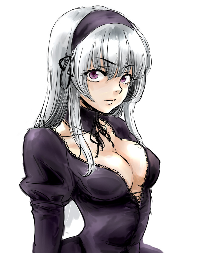 osakana (denpa yun'yun), suigintou, rozen maiden, bad id, bad pixiv id, 00s, 1girl, breasts, cleavage, dress, female focus, gothic lolita, lolita fashion, long hair, medium breasts, purple eyes, simple background, solo, white hair