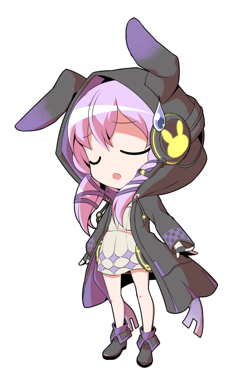 dairi, yuzuki yukari, yuzuki yukari (lin), vocaloid, voiceroid, commentary request, large variant set, variant set, 1girl, black boots, black coat, black gloves, boots, chibi, chibi only, coat, dress, fingerless gloves, full body, gloves, hair between eyes, headphones, legs apart, long hair, long sleeves, open clothes, open coat, outstretched arm, purple hair, short dress, short hair with long locks, sidelocks, solo, standing, tachi-e, transparent background, white dress