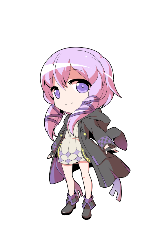 dairi, yuzuki yukari, yuzuki yukari (lin), vocaloid, voiceroid, commentary request, large variant set, variant set, 1girl, black boots, black gloves, boots, chibi, chibi only, dress, fingerless gloves, full body, gloves, hair between eyes, legs apart, long hair, long sleeves, outstretched arm, purple hair, short dress, short hair with long locks, sidelocks, solo, standing, tachi-e, transparent background, white dress