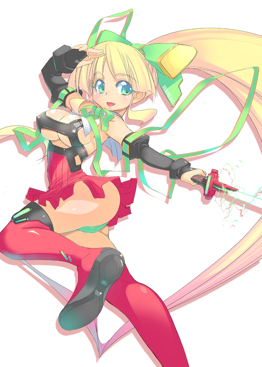 a-walk, fujishima-sei ichi-gou, roll (mega man), capcom, mega man (classic), mega man (series), highres, 1girl, aged up, blonde hair, breasts, colored eyelashes, female focus, huge breasts, large breasts, long hair, red skirt, skirt, solo, sword, thighhighs, weapon