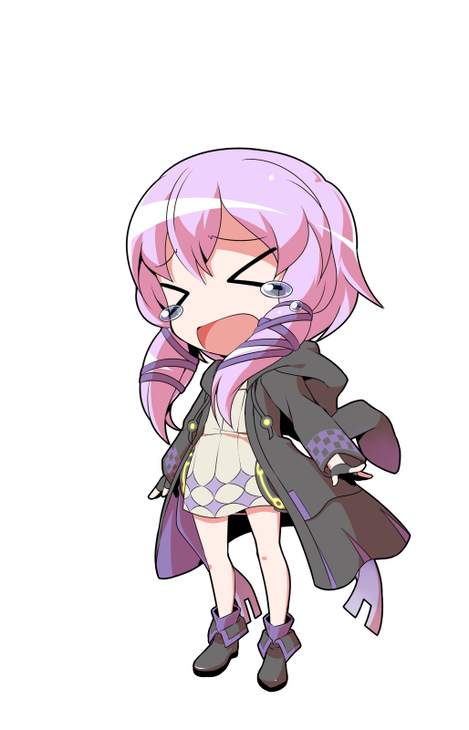 dairi, yuzuki yukari, yuzuki yukari (lin), vocaloid, voiceroid, commentary request, large variant set, variant set, 1girl, black boots, black gloves, boots, chibi, chibi only, dress, fingerless gloves, full body, gloves, hair between eyes, legs apart, long hair, long sleeves, outstretched arm, purple hair, short dress, short hair with long locks, sidelocks, solo, standing, tachi-e, transparent background, white dress