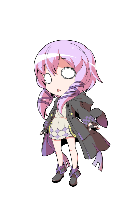 dairi, yuzuki yukari, yuzuki yukari (lin), vocaloid, voiceroid, commentary request, large variant set, variant set, 1girl, black boots, black gloves, boots, chibi, chibi only, dress, fingerless gloves, full body, gloves, hair between eyes, legs apart, long hair, long sleeves, outstretched arm, purple hair, short dress, short hair with long locks, sidelocks, solo, standing, tachi-e, transparent background, white dress