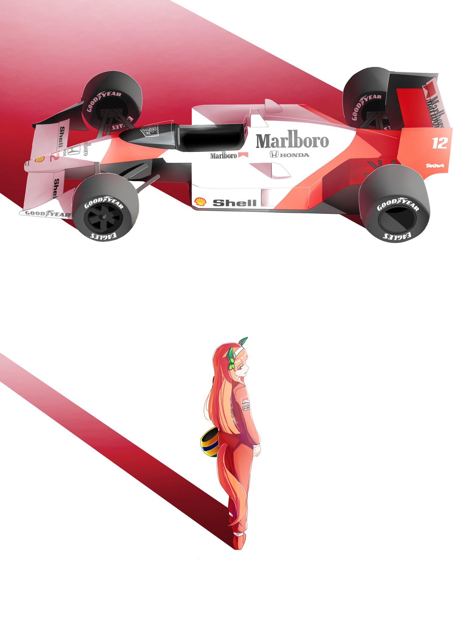 toyeeta prius, silence suzuka (umamusume), goodyear, marlboro, shell (company), umamusume, highres, 1girl, akira movie poster, animal ears, blue eyes, blunt bangs, bodysuit, car, ear covers, formula racer, hair ornament, hairband, helmet, holding, holding unworn helmet, horse ears, horse girl, horse tail, long hair, long sleeves, motor vehicle, orange hair, race vehicle, racecar, racing suit, red bodysuit, solo, tail, unworn headwear, unworn helmet, white hairband