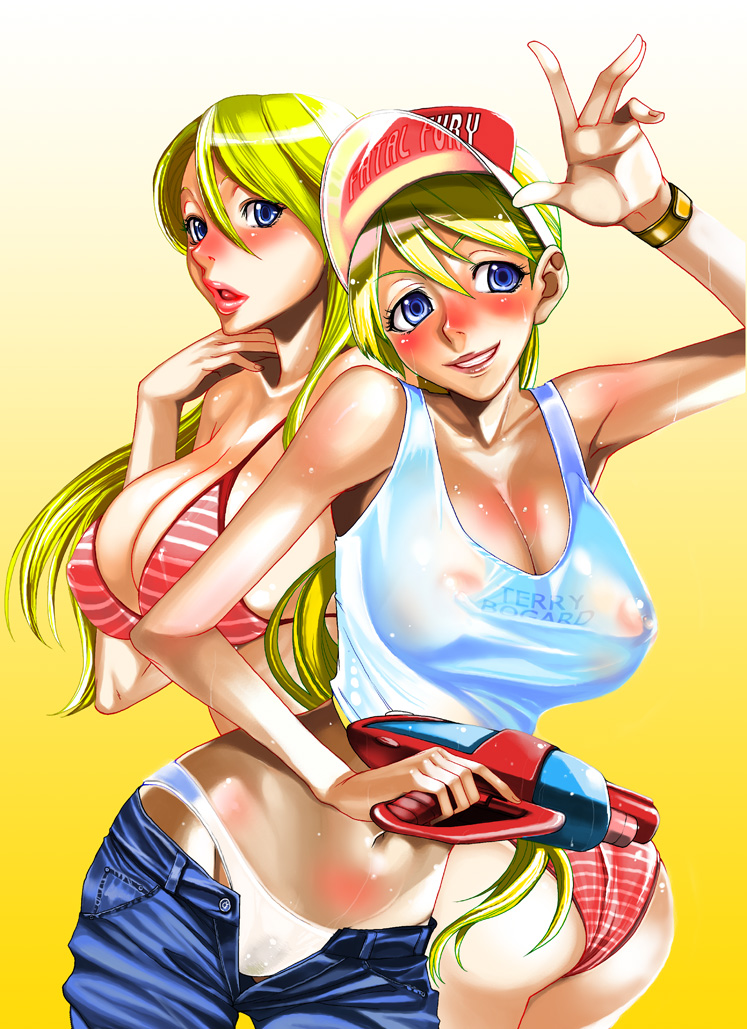 ooshima ryou, andy bogard, terry bogard, fatal fury, snk, the king of fighters, visor, 2girls, ass, bikini, blonde hair, blue eyes, blush, breasts, cleavage, clothes pull, crop top, full-face blush, genderswap, genderswap (mtf), grin, gun, hat, large breasts, long hair, midnight bliss, midriff, multiple girls, nail polish, open fly, panties, pants, pants pull, see-through clothes, shirt, smile, striped bikini, striped clothes, striped panties, sweat, swimsuit, tank top, taut clothes, taut shirt, trigger discipline, unbuttoned, underwear, unzipped, visor cap, water gun, waving, weapon, white panties