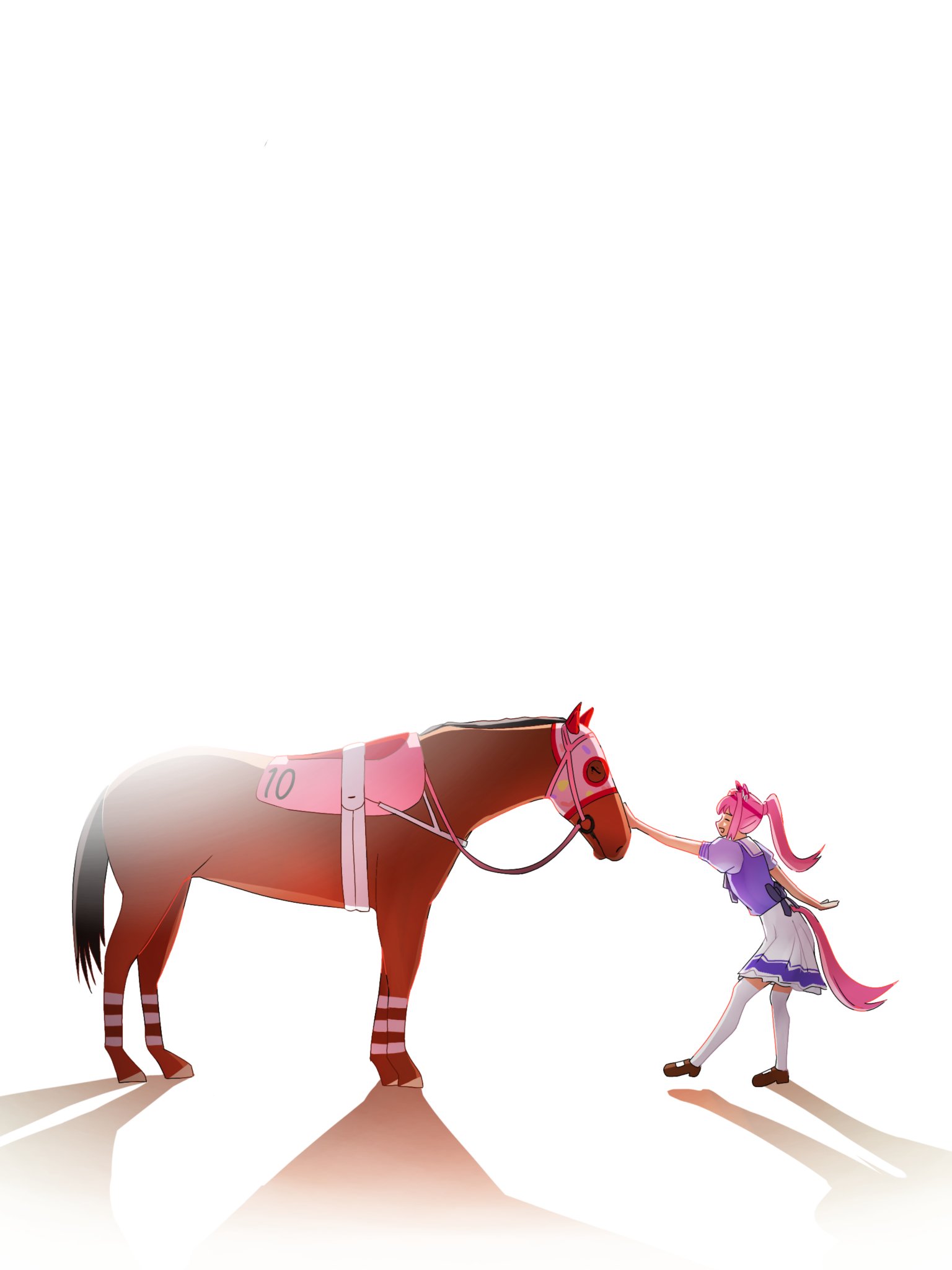 toyeeta prius, haru urara (racehorse), haru urara (umamusume), real life, umamusume, commentary, english commentary, highres, 1girl, animal ears, bow, brown horse, closed eyes, closed mouth, creature and personification, ear bow, ear covers, hairband, headband, horse, horse ears, horse girl, horse tail, long hair, mask, open mouth, personification, pink hair, pink headband, ponytail, puffy short sleeves, puffy sleeves, purple bow, purple serafuku, purple shirt, red headband, reins, saddle, sailor collar, sailor shirt, school uniform, serafuku, shirt, shoes, short sleeves, simple background, skirt, smile, tail, thighhighs, tracen school uniform, white sailor collar, white skirt, white thighhighs