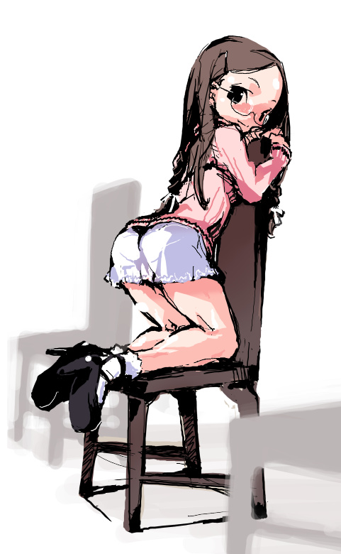 najimi shin, original, ass, braid, chair, glasses, hair ornament, hairclip, high heels, kneeling, legs, loli, long hair, on chair, shoes, skirt, solo
