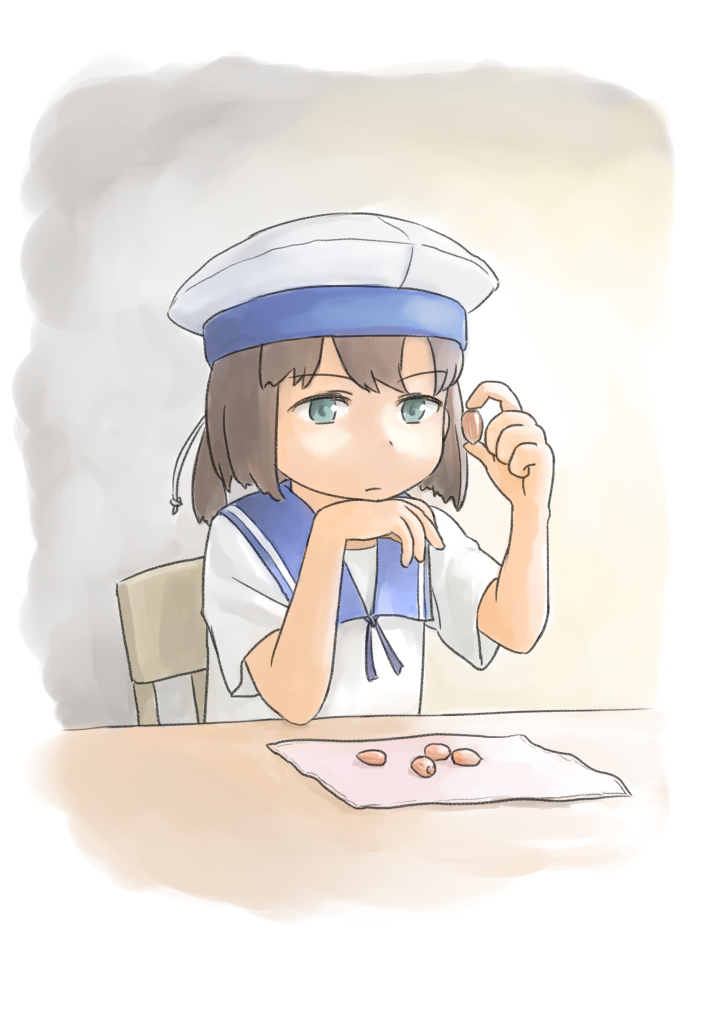 taruya, daitou (kancolle), kantai collection, 1girl, black hair, blue eyes, blue sailor collar, bob cut, chair, dress, hand on own chin, hat, ponytail, sailor collar, sailor dress, sailor hat, seen, short hair, short ponytail, short sleeves, solo, upper body, white dress, white hat