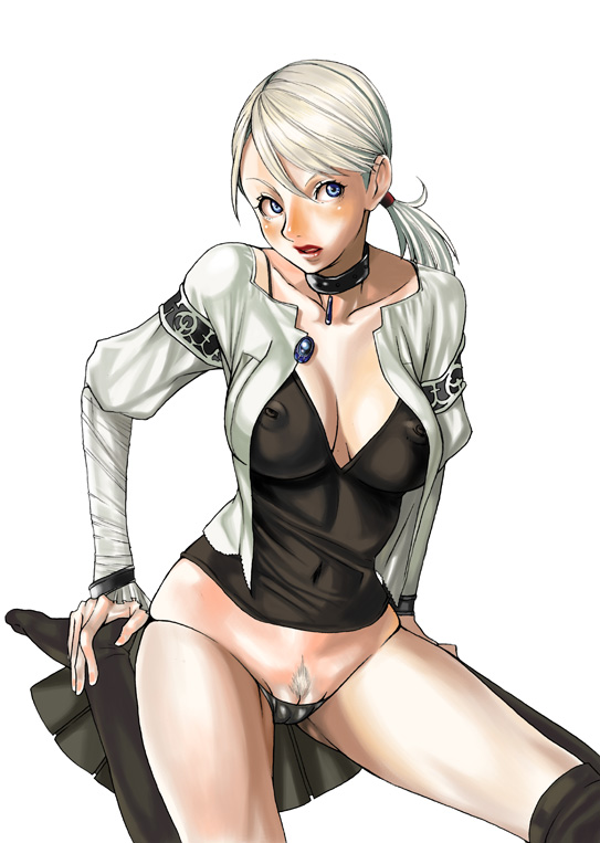 ooshima ryou, fiona belli, capcom, demento, 1girl, black panties, blonde hair, blouse, blue eyes, blush, breasts, brooch, cameltoe, choker, cleavage, cleavage cutout, clothing cutout, covered erect nipples, female focus, female pubic hair, hair tie, jewelry, large breasts, lipstick, lowleg, lowleg panties, makeup, micro panties, miniskirt, navel, nipples, no bra, open clothes, open shirt, panties, ponytail, pubic hair, pussy, see-through clothes, shirt, sitting, skirt, solo, thighhighs, uncensored, underwear, upskirt, white hair