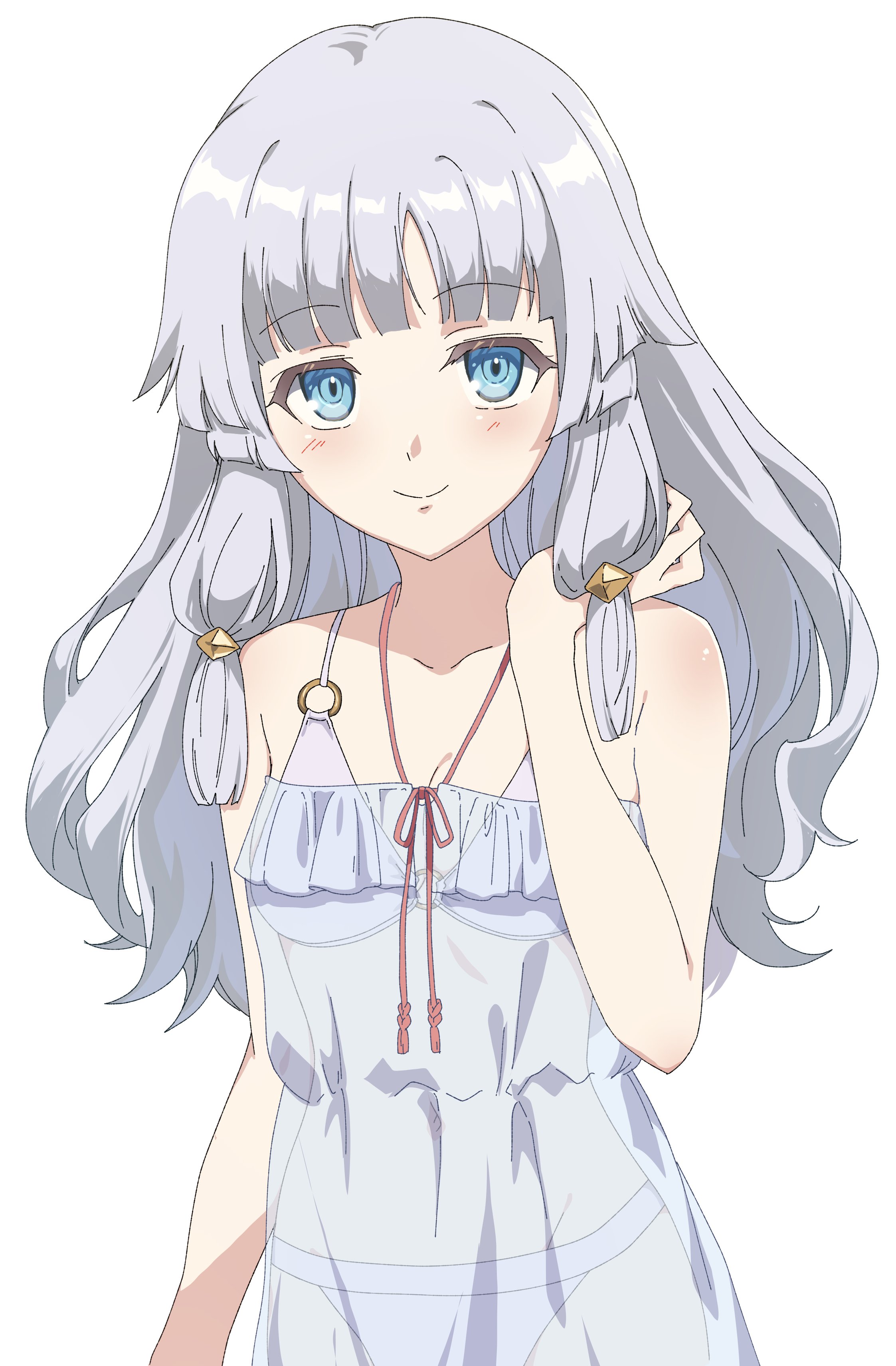 juni (pixiv 112342583), beatrice (rune factory), rune factory, rune factory 5, absurdres, highres, 1girl, bikini, bikini under clothes, blue eyes, blush, dress, dress swimsuit, grey hair, long hair, looking at viewer, official alternate costume, see-through clothes, see-through dress, see-through dress swimsuit, shirt, smile, solo, swimsuit