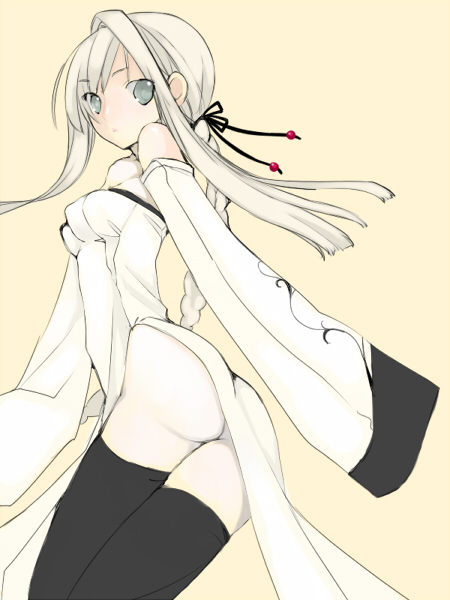 saibashi, original, artistic error, blonde hair, dress, green eyes, long hair, pale skin, solo, thighhighs