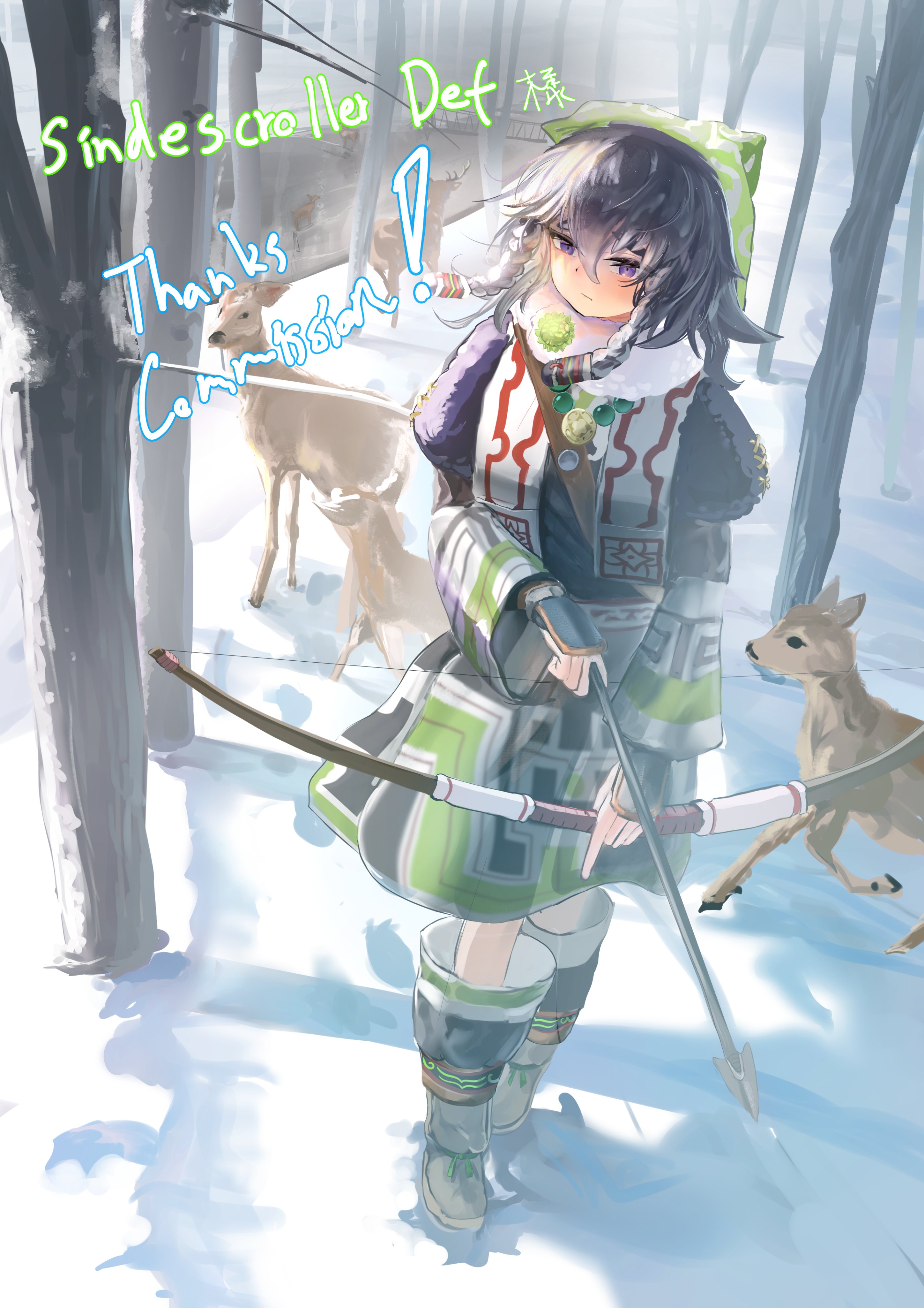 rune factory, rune factory: guardians of azuma, absurdres, commission, highres, 1girl, ainu clothes, black hair, boots, bow (weapon), braid, deer, green headscarf, headscarf, holding, holding bow (weapon), holding weapon, long hair, pilika (rune factory), purple eyes, snow, solo, uwaaatsutsuaa, weapon