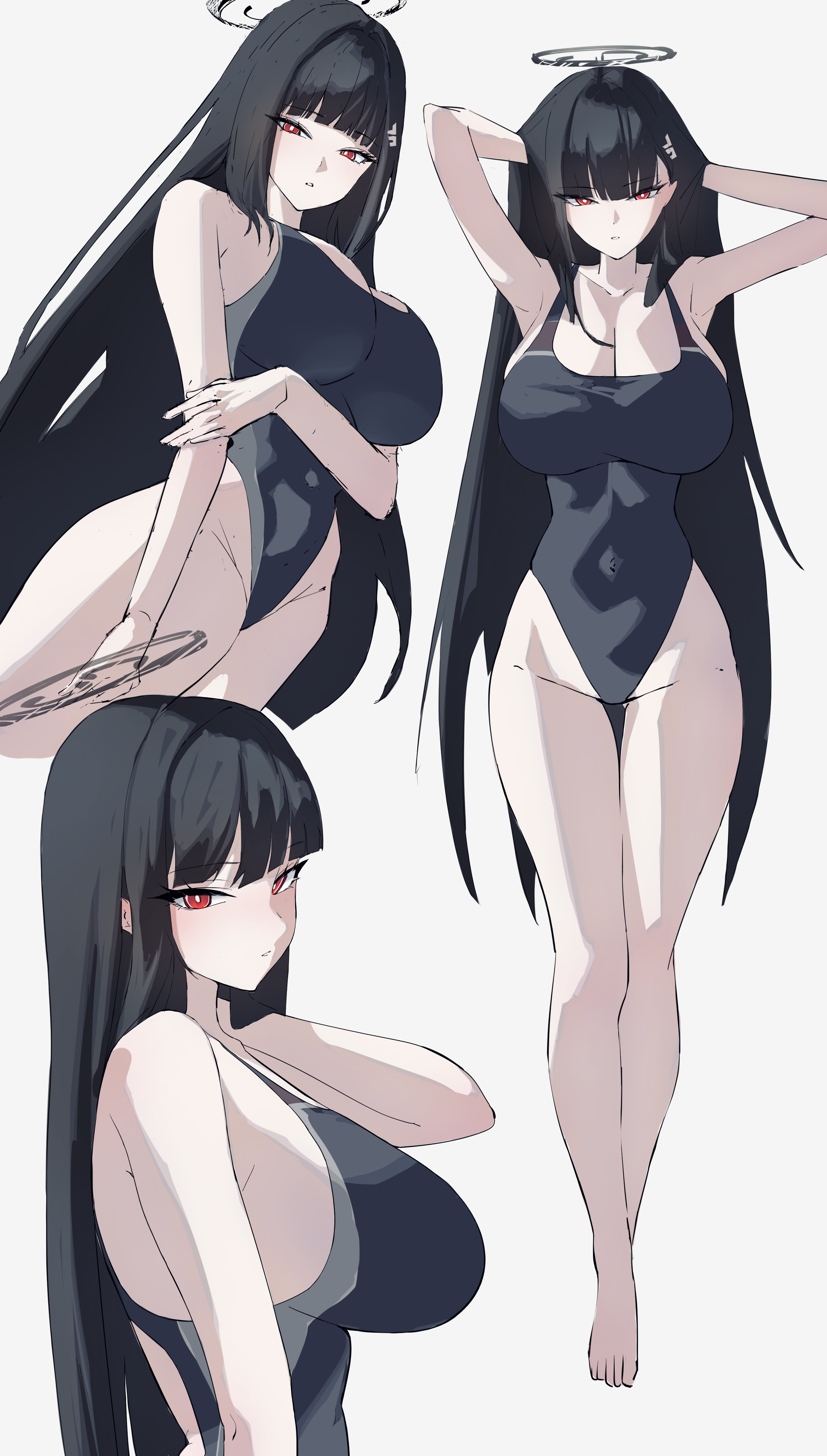 katagiri nanoka, rio (blue archive), blue archive, absurdres, highres, 1girl, alternate costume, black hair, breasts, bright pupils, broken halo, cleavage, covered navel, dark halo, halo, huge breasts, long hair, millennium science school logo, multiple views, one-piece swimsuit, red eyes, ringed eyes, swimsuit, very long hair, white pupils