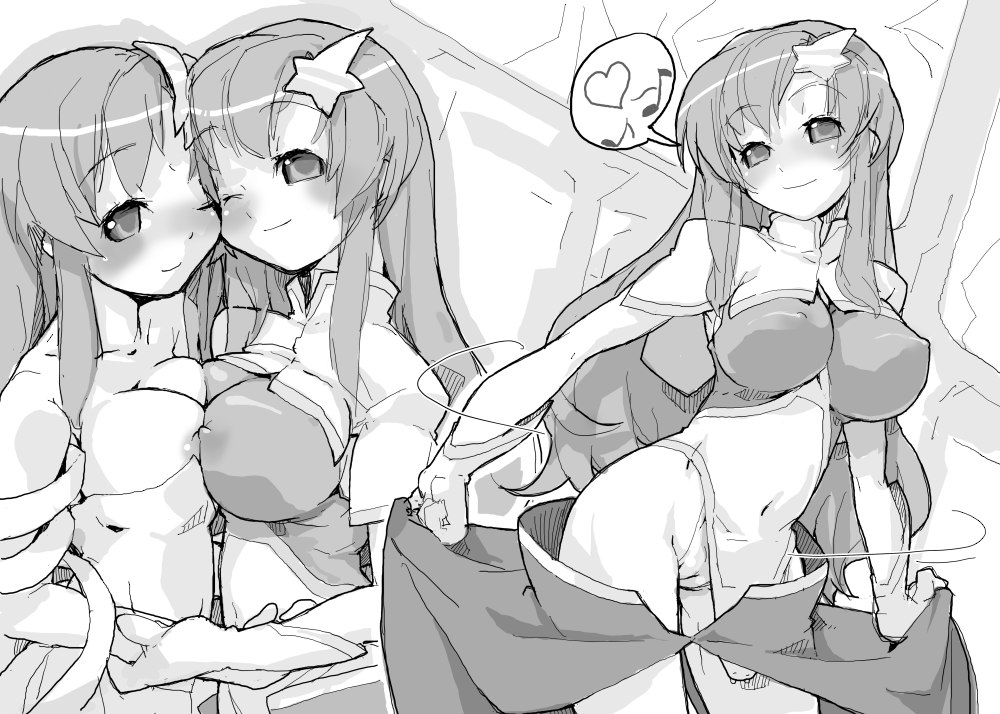 najimi shin, lacus clyne, meer campbell, gundam, gundam seed, gundam seed destiny, 00s, 2girls, blush, breast press, breasts, cameltoe, cleavage, covered erect nipples, gloves, greyscale, hair ornament, heart, hug, large breasts, long hair, monochrome, multiple girls, music, nipple slip, nipples, nipples touching, one eye closed, panties, pantyshot, singing, star (symbol), star hair ornament, symmetrical docking, underwear, wink