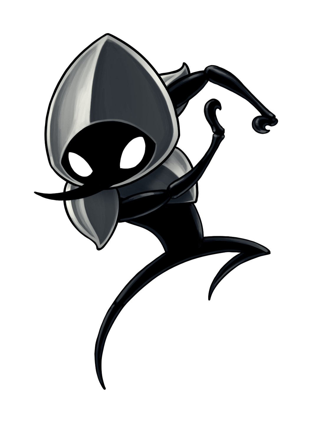 hollow knight, hollow knight: silksong, highres, official art, 1boy, ari gibson, armor, black skin, blank eyes, breastplate, colored skin, fighting stance, full body, helmet, knee up, long nose, pointy nose, shoulder armor, solo, steel assassin sharpe (hollow knight), transparent background