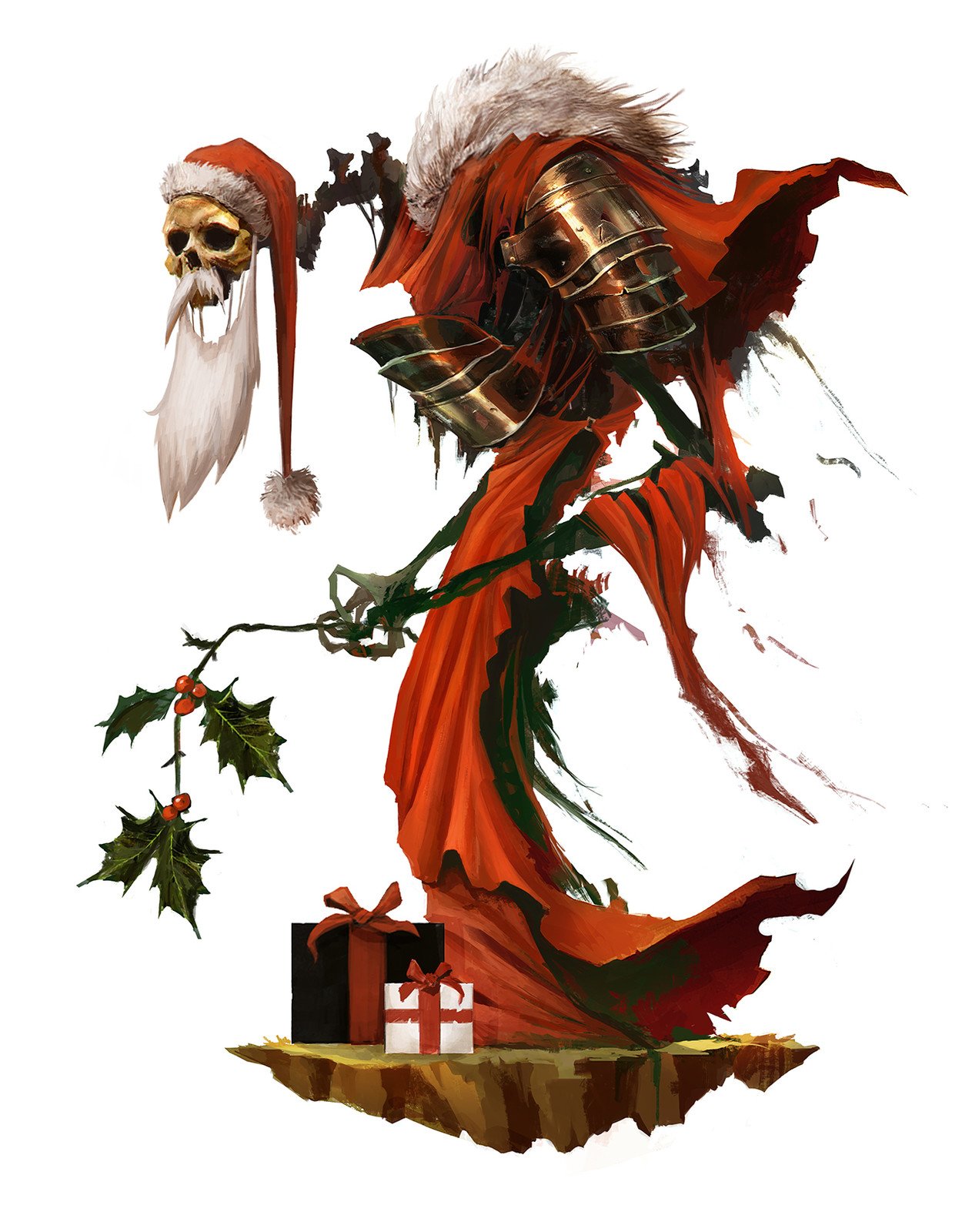 alexandre chaudret, santa claus, original, highres, armor, beard, box, facial hair, fur trim, gift, gift box, hat, holly, long beard, long neck, monster boy, mustache, platform, pom pom (clothes), red robe, robe, santa hat, shoulder armor, simple background, skeleton, skull, undead, white background, white beard